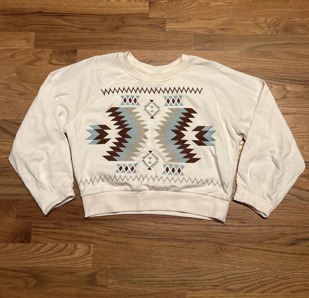 Ariat Sweatshirt Women Sz Small White Southwestern Embroidered Cropped Western